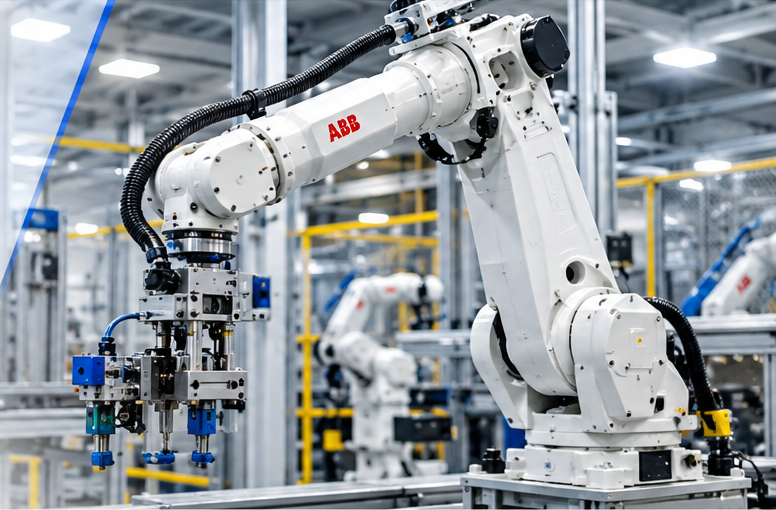 Robô industrial ABB branco em linha de produção